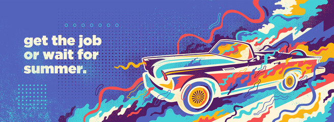 Wall Mural - summer background design in abstract style with retro convertible and colorful splashing shapes. vec