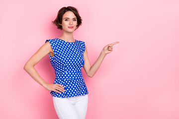 Photo of nice millennial bob hairdo lady index promo wear dotted blouse isolated on pink color background