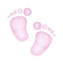 Newborn Baby Girl Pink Footprint Watercolor Illustration. Cute Hand Drawn Baby Shower Design Element. Isolated Clipart Element On White Background.