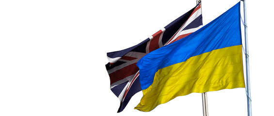 Ukraine and United Kingdom two flags on flagpoles white