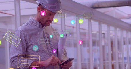 Poster - Animation of media icons over caucasian male worker using smartphone