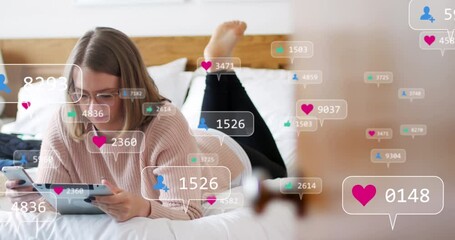 Poster - Animation of media icons over caucasian woman using smartphone
