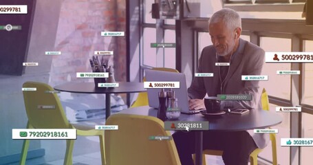 Poster - Animation of media icons over happy caucasian man using laptop