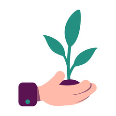 Poster - Hand with sprout semi flat color vector object. Ecosystem conservation. Full sized item on white. Agricultural ecology. Simple cartoon style illustration for web graphic design and animation