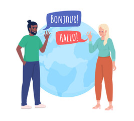 Poster - Learning language with friend 2D vector isolated illustration. Language learners flat characters on cartoon background. Colourful scene for mobile, website, presentation. Amatic SC font used
