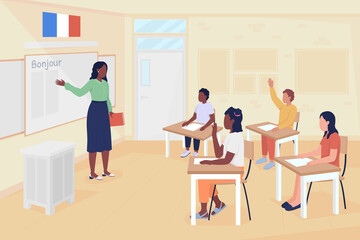 Poster - French language lesson flat color vector illustration. Foreign language course. Teacher and middle school students 2D simple cartoon characters with classroom on background. Patrick Hand font used