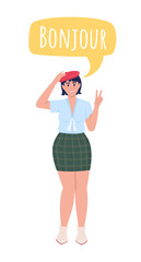 Poster - Lady speaking french language semi flat color vector character with speech bubble. Standing figure. Full body person on white. Simple cartoon style illustration for web graphic design and animation