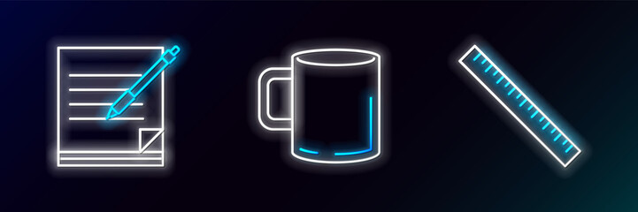 Sticker - Set line Ruler, Blank notebook and pen and Coffee cup flat icon. Glowing neon. Vector