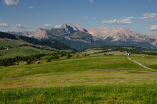 North-east View Of Puez-Odle Nature Park With Seceda, Fermeda Di Sotto & Sass Rigas Mountains, As Seen From Seiser Alm/Alpe Di Siusi Plateau, Dolomites, Trentino, Alto Adige, South Tyrol, Italy 