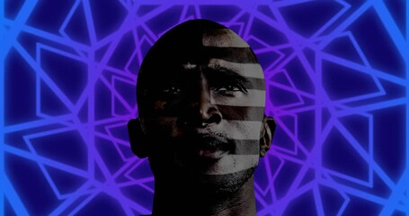 Poster - Animation of african american man with american flag on face over shapes