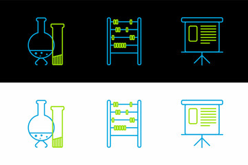 Sticker - Set line Presentation financial board with graph, schedule, chart, diagram, infographic, pie graph, Test tube and flask chemical laboratory test and Abacus icon. Vector