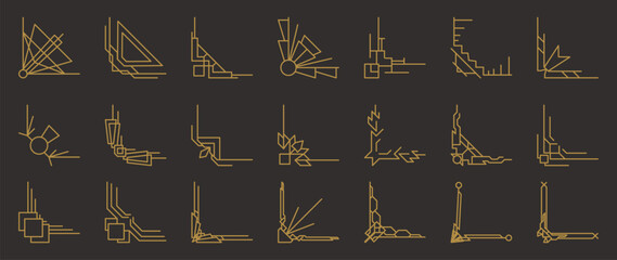 Collection of geometric art deco ornament. Luxury golden decorative elements with lines, ornate corner, borders, frames, headers, dividers. Set of elegant design suitable for card, invitation, poster.