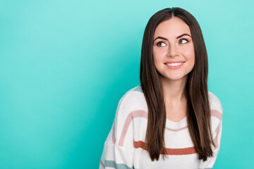 Sticker - Photo of smart inspired dreamy lady look empty space imagine thoughts wear striped pullover isolated blue color background