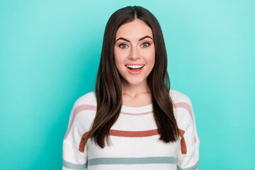 Sticker - Photo of pretty excited lady dressed striped pullover smiling open mouth isolated teal color background