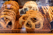 Bakery, pretzel on the display counter for sale. Famous german bread in bakery store.