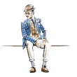 Fashion illustration of a well dressed dandy gentleman sitting on a ledge, wearing checkered jacket, waistcoat and glasses, as well as a fedora hat. 