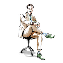 Illustration Of A Well Dressed Gentleman With A Mustache, Wearing A Sand Colored Suit And Green Lace Up Shoes. 