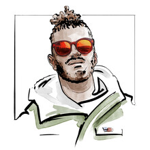 Fashion Illustration Of An Adolescent Man Of Color, Wearing An Army Green Coat And Eye Catching Orange Sunglasses.