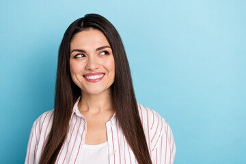 Sticker - Portrait of attractive cheerful long-haired girl deciding copy blank space isolated over blue pastel color background