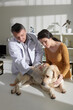 © DragonImages - Worried owner brought dog to veterinarian to check his breath and heartbeat