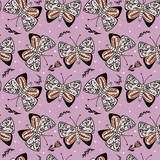 Fototapeta Motyle - Butterflies seamless pattern in folk style. Hand drawn butterfly and flowers endless wallpaper. Cute flying insect print. Animal folklore motif.