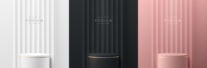 Wall Mural - set of vector abstract 3d room with luxury cylinder stand or podium. pink gold, black, gold and silv