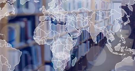 Poster - Animation of world map and glowing spots over books on shelf