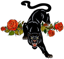 Wall Mural - The roaring panther climbs down and looks straight ahead. Aggressive black leopard and blooming red roses. Front view. Tattoo style vector illustration