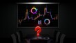 © MigrenArt - 3D question mark on meeting room table with stock market related charts and figures on wall tv screen. Fictional 3d rendering financial illustration.