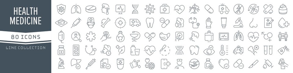 Poster - Health and medicine line icons collection. Big UI icon set in a flat design. Thin outline icons pack. Vector illustration EPS10