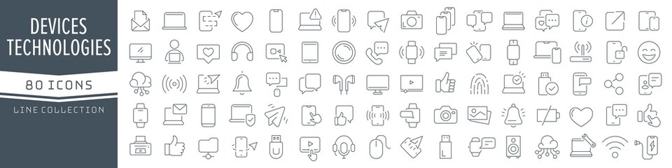 Wall Mural - Devices and technology line icons collection. Big UI icon set in a flat design. Thin outline icons pack. Vector illustration EPS10
