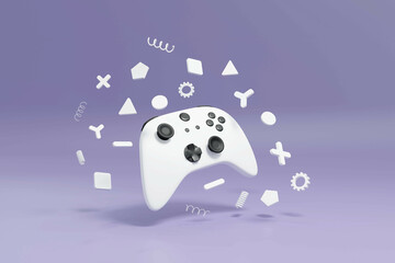 White joystick gamepad, game console controller, videogame computer or arcade gaming joystick on purple background with geometric shapes 3D rendering illustration 