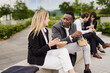 Multiracial business people eating healthy meal outdoor