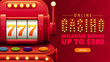 Online casino, red invitation banner for website with button and large volumetric slot machine with jackpot in cartoon style