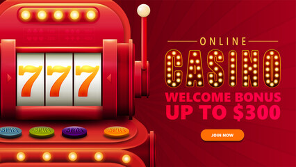 Online casino, red invitation banner for website with button and large volumetric slot machine with jackpot in cartoon style