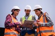 © Chalermphon - Chief engineer teaching his team members with a tablet.Supervisor construction worker job training.Diversity group of Asian,American,Middle east,AAPI.Project Mechanic Smart management,technology.