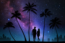 Lovers Walk On City Beach. Couple Under Palm Trees. Milky Way At Night