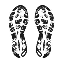 Grunge Silhouette Of Footprint Vector Illustration. Imprint Of Boots And Sneakers Isolated On White Background