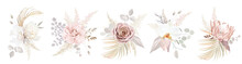 Ecru, Blush Pink Rose, Pale Camellia, Magnolia, White Orchid, Protea, Pampas Grass, Dried Palm Vector Flowers