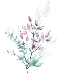 Watercolor arrangement with blue, green, turquoise, violet, pink flowers, branches, leaves, eucalyptus twigs.