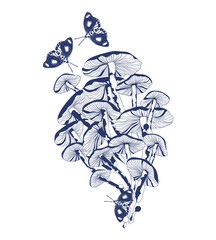Wall Mural - Print mushrooms and butterflies in vintage style, blue on white	