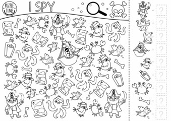 Wall Mural - Pirate black and white I spy game for kids. Searching and counting activity with pirates, animals, birds. Treasure island hunt printable coloring page. Simple sea adventure spotting worksheet.