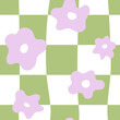 Cute daisy flowers on the distorted cage background. Groovy vector seamless pattern  in y2k aesthetic. 90s, 00s style. Retro blossom backdrop