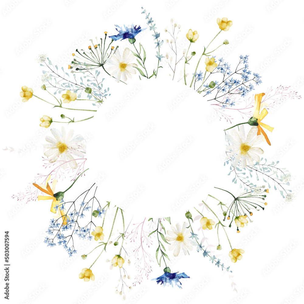Watercolor painted floral round frame on white background. Blue and ...