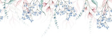 Watercolor Painted Floral Seamless Border On White Background. Pink And Blue Wild Flowers, Branches, Leaves And Twigs