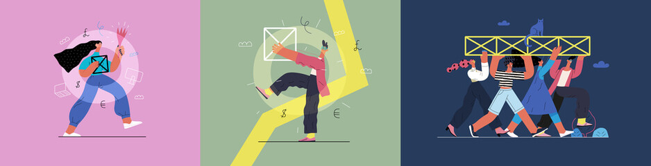 Wall Mural - Startup illustrations set. Flat line vector modern concept illustration of people, startup metaphor. Concept of building new business, planning, strategy, teamwork and management. Company processes