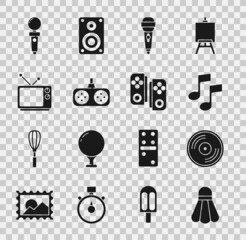 Wall Mural - Set Badminton shuttlecock, Vinyl disk, Music note, tone, Microphone, Gamepad, Retro tv, Joystick for arcade machine and icon. Vector