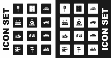 Sticker - Set Taxi car, Cargo ship, Boat with oars, Parking, Hatchback, Road, and Submarine icon. Vector