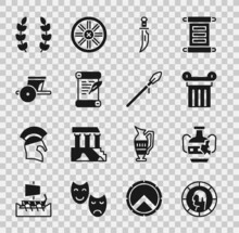 Set Ancient Greek Coin, Broken Amphorae, Column, Dagger, Decree, Parchment, Scroll, Chariot, Laurel Wreath And Medieval Spear Icon. Vector