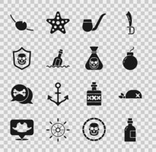 Set Alcohol Drink Rum, Pirate Bandana For Head, Bomb Ready To Explode, Smoking Pipe, Bottle With Message Water, Shield Pirate Skull, Eye Patch And Coin Icon. Vector